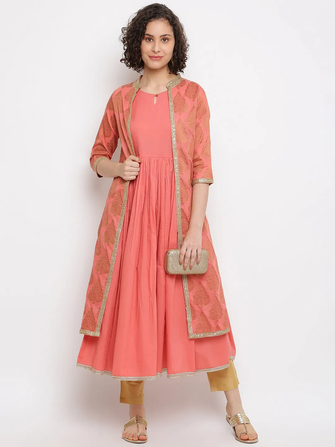 A-line Coral Kurta With Jacket