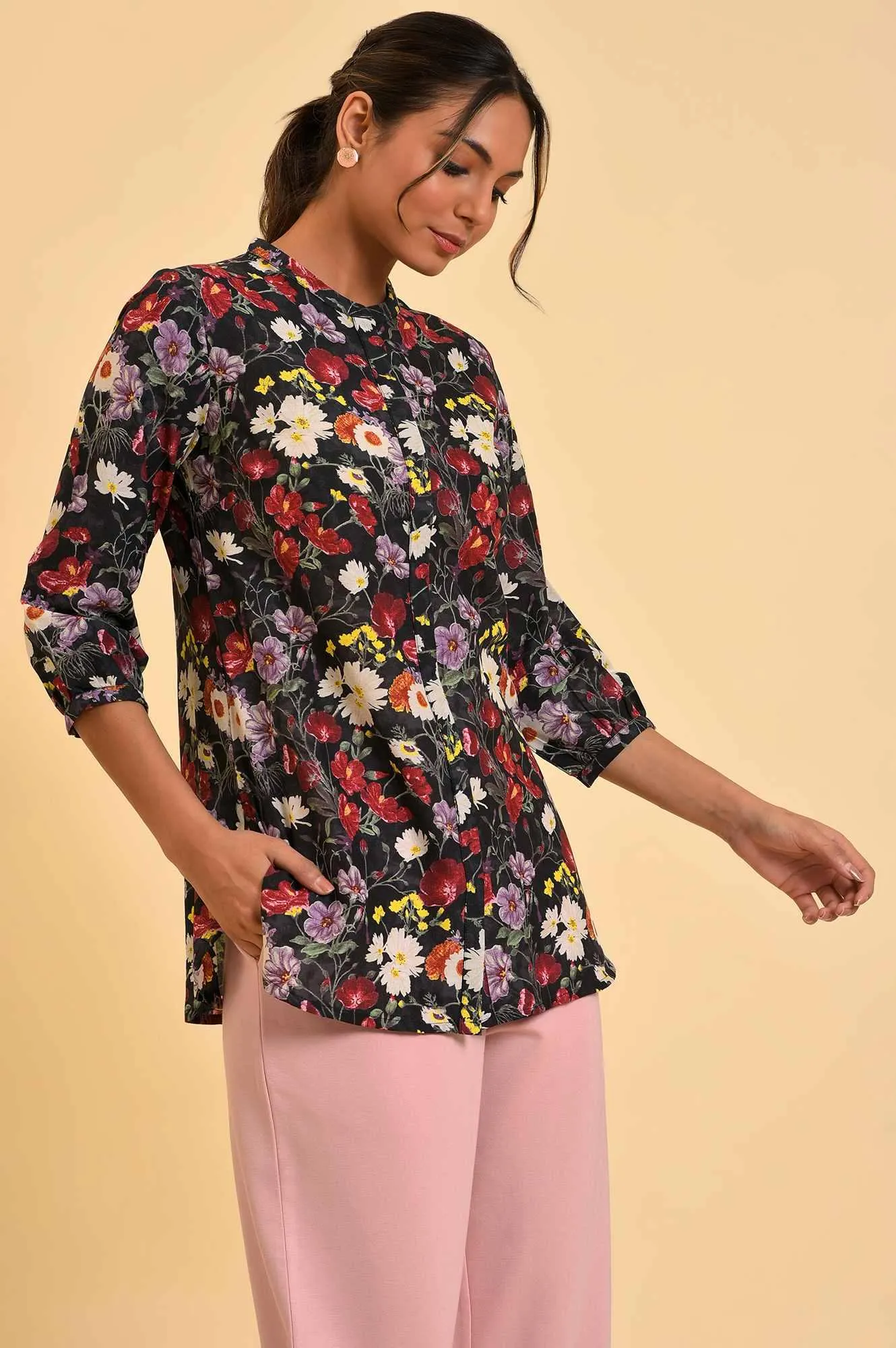 Black Floral Printed Button Down Top