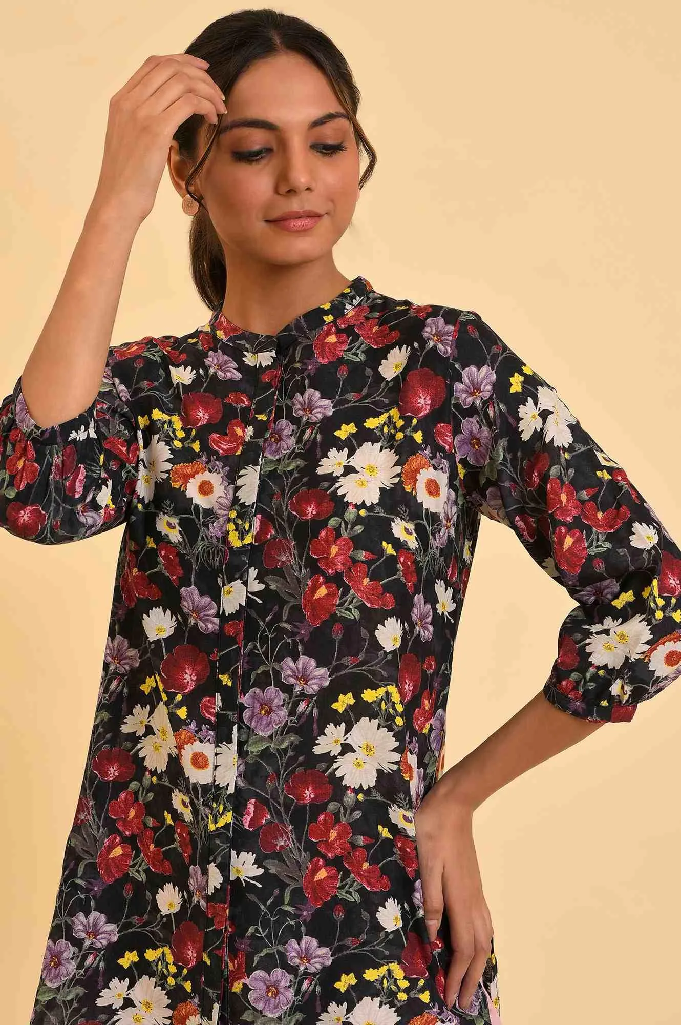 Black Floral Printed Button Down Top
