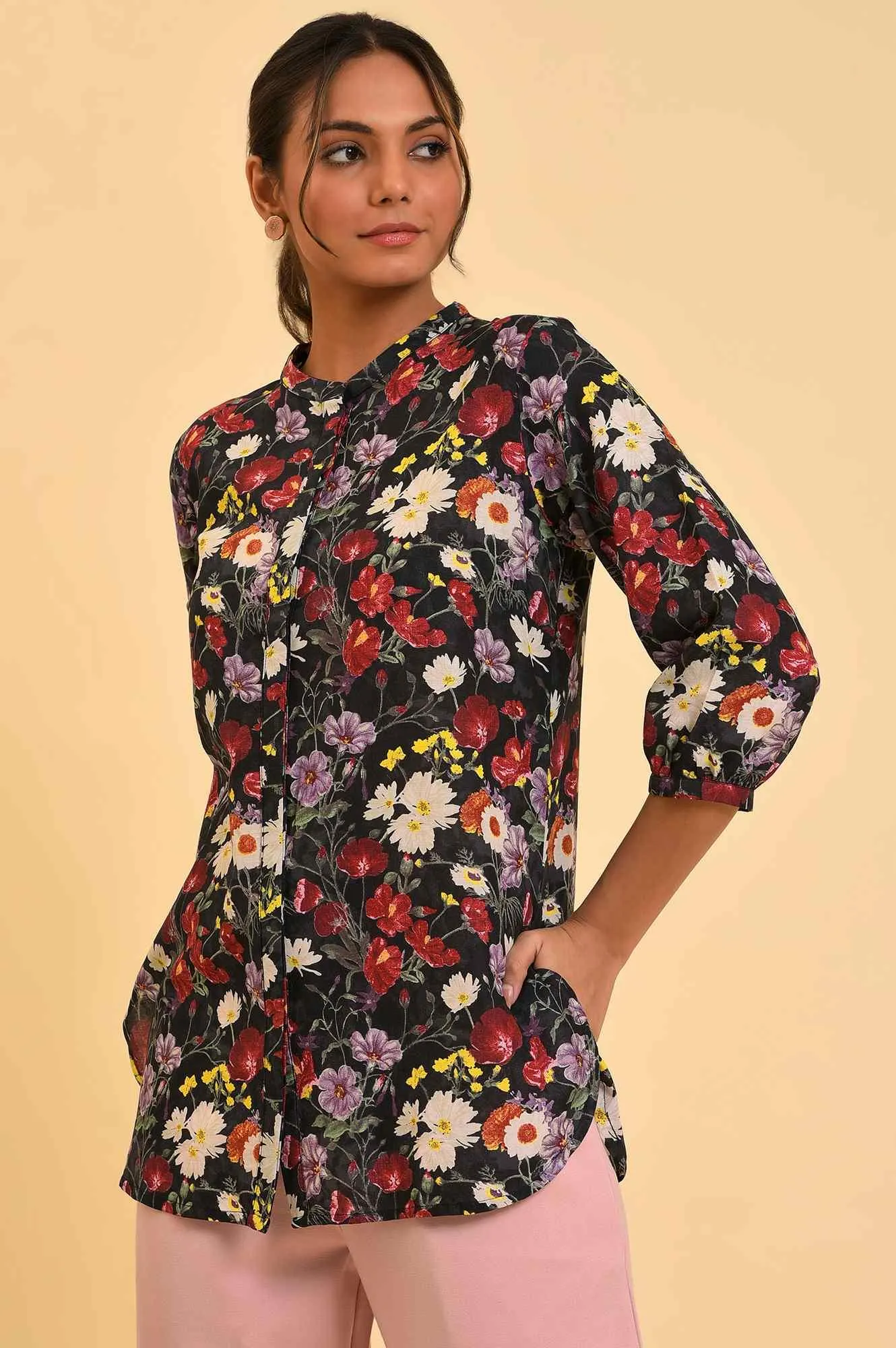 Black Floral Printed Button Down Top