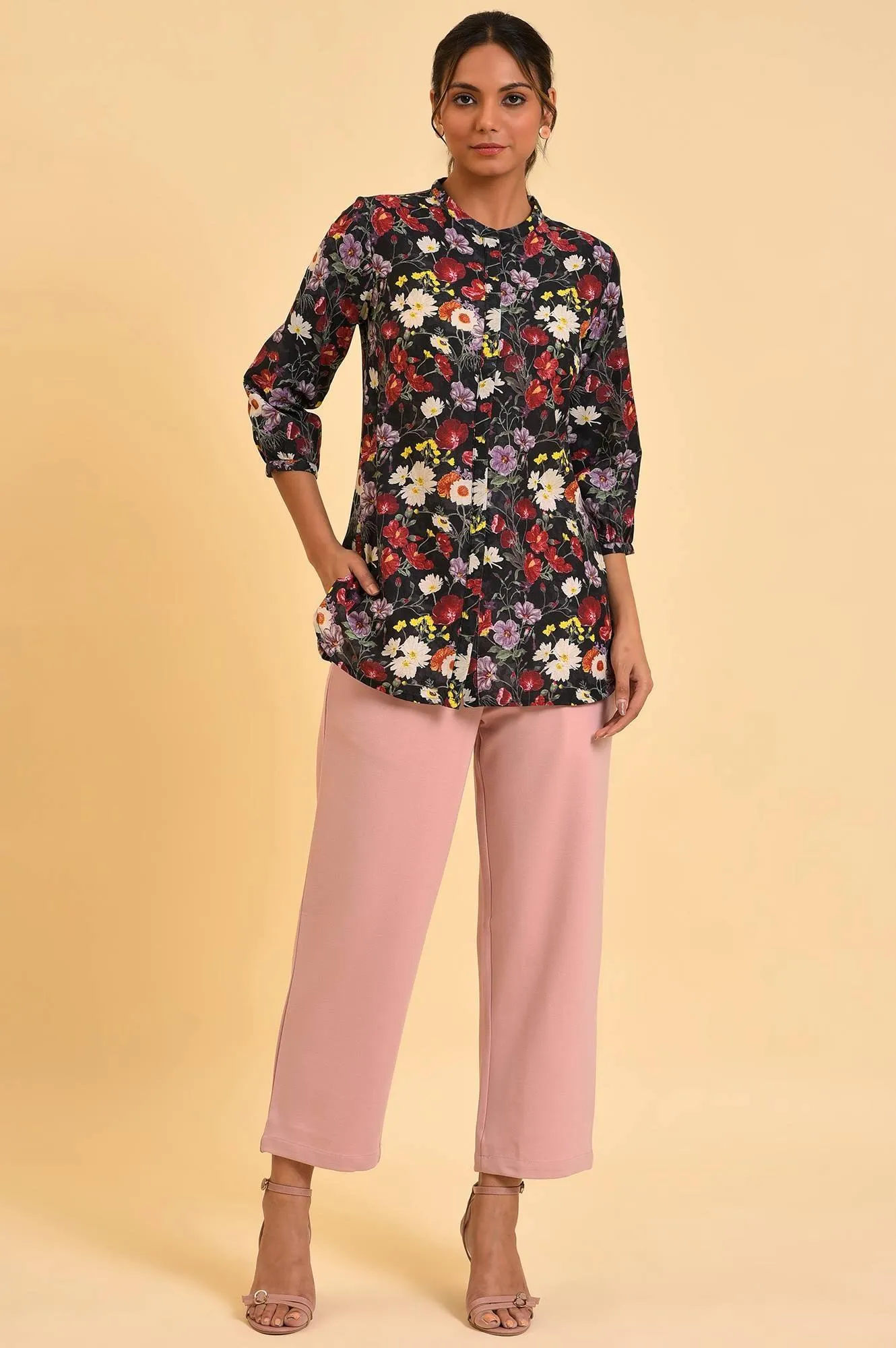 Black Floral Printed Button Down Top