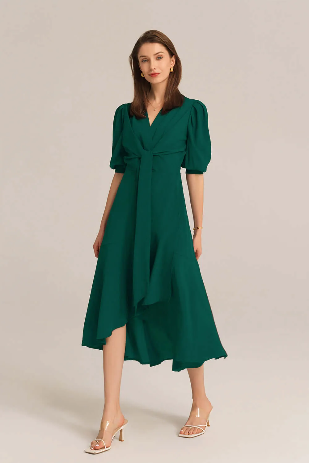 Bow-Knot Wrap Hem V-Neck 3/4 Sleeve Midi Dress - Green