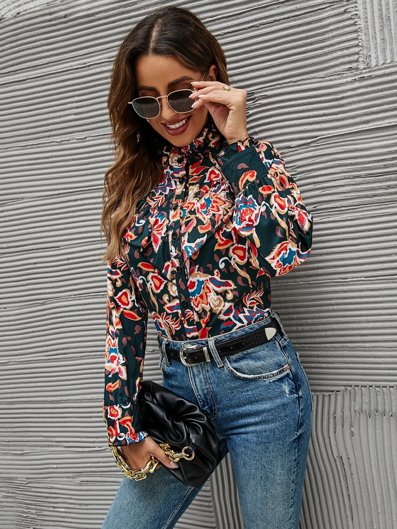 Casual All Over Print Button Front Long Sleeve Stand Collar Regular Blouse