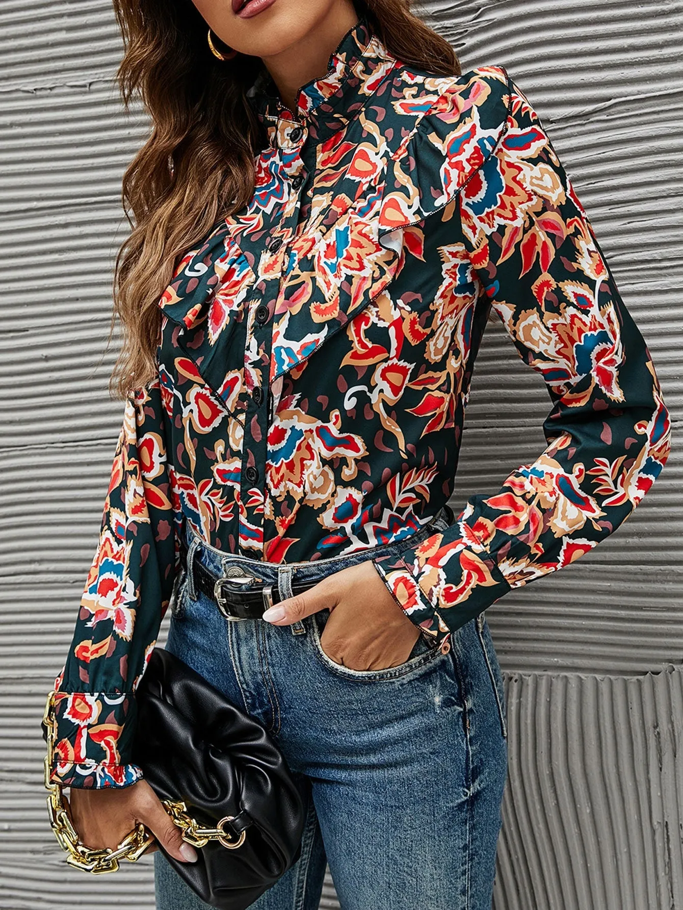 Casual All Over Print Button Front Long Sleeve Stand Collar Regular Blouse
