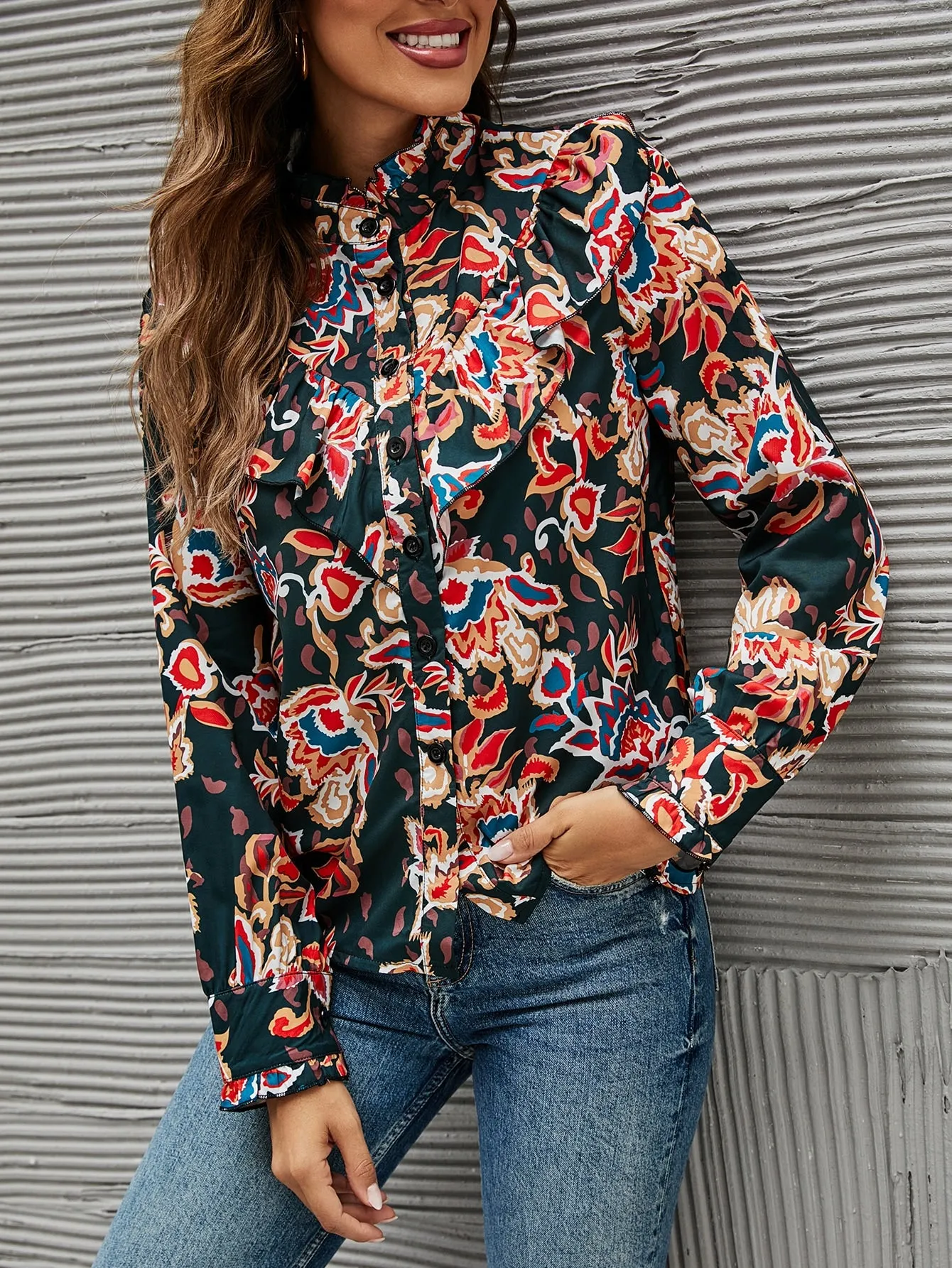 Casual All Over Print Button Front Long Sleeve Stand Collar Regular Blouse