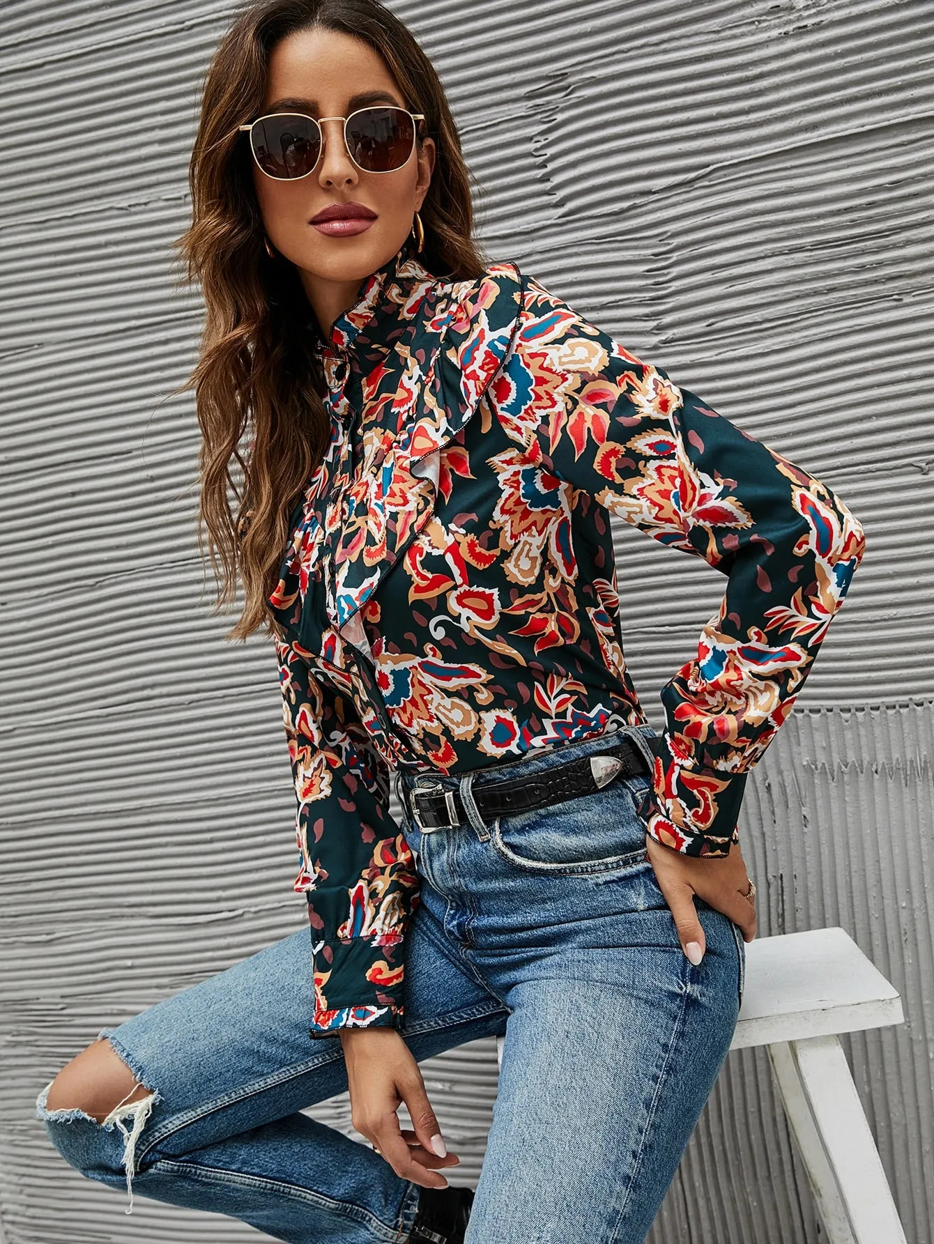 Casual All Over Print Button Front Long Sleeve Stand Collar Regular Blouse