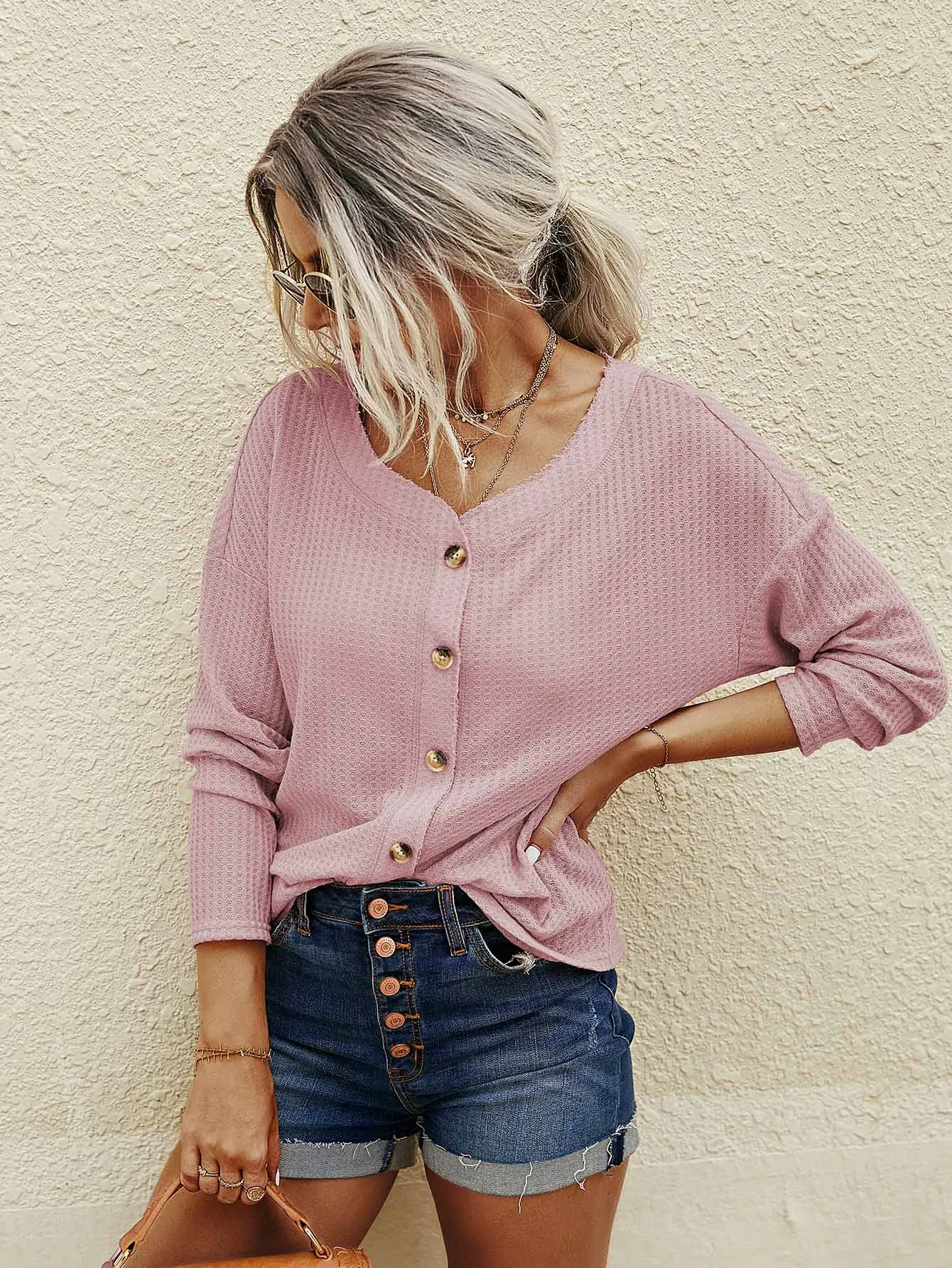 Casual Plain Button Long Sleeve V Neck Regular Women Top