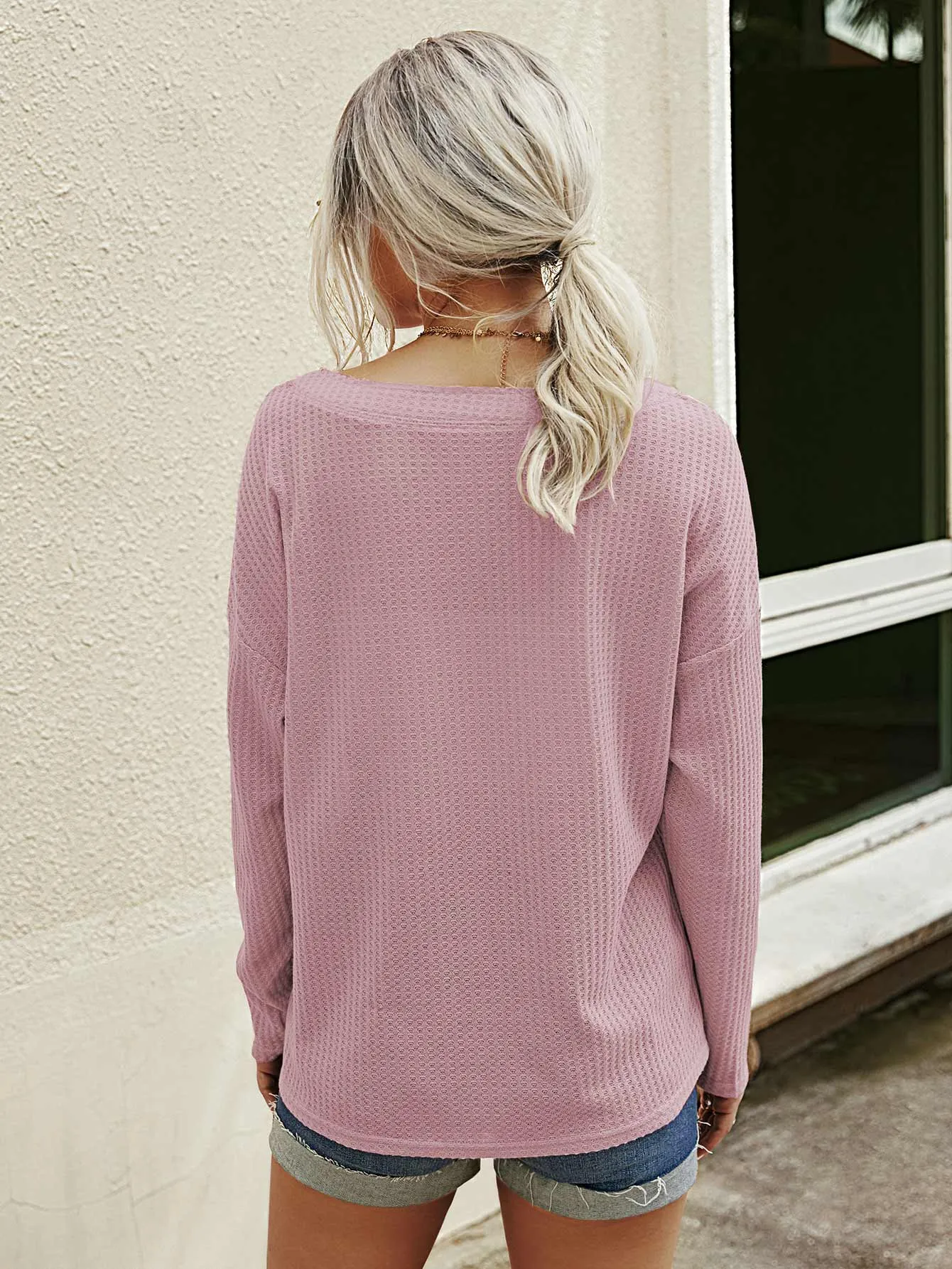 Casual Plain Button Long Sleeve V Neck Regular Women Top
