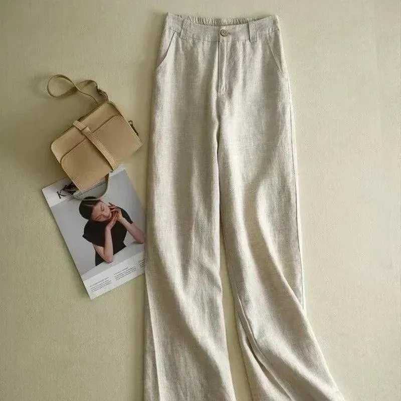 Chic Summer White High Waist Cotton Linen Straight Pants for Women