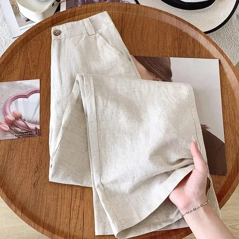 Chic Summer White High Waist Cotton Linen Straight Pants for Women