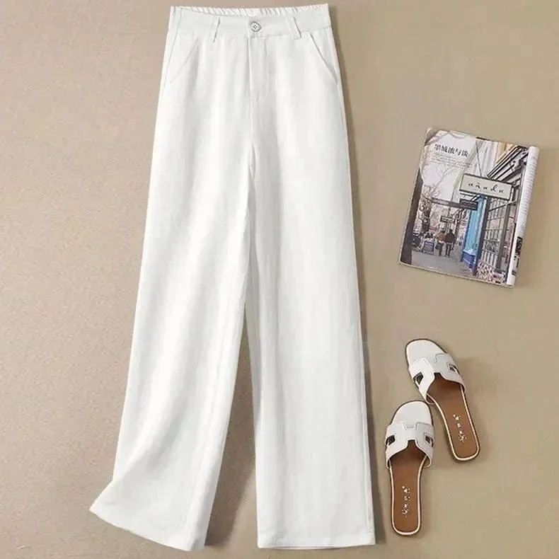 Chic Summer White High Waist Cotton Linen Straight Pants for Women