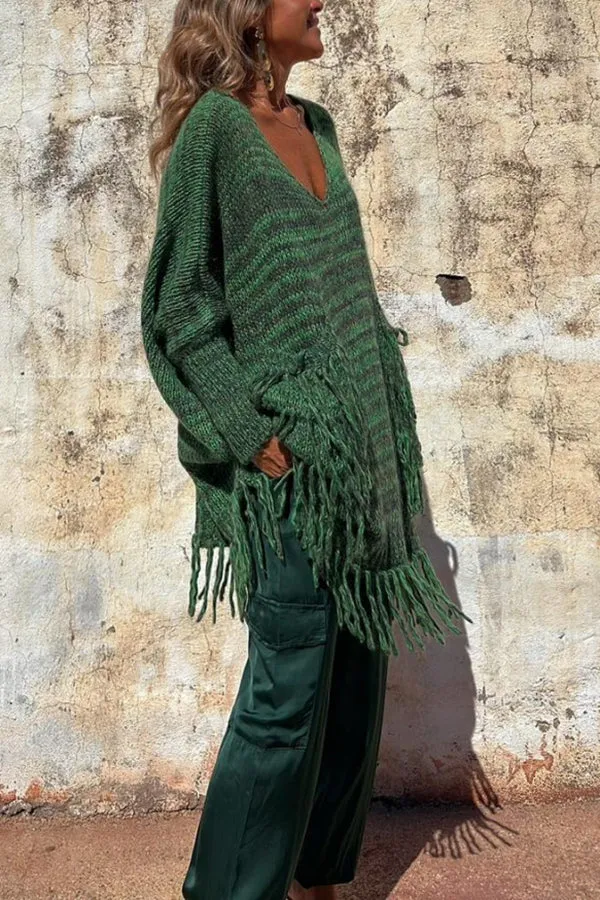 Coming with You Knit Tassel Trim Pocketed Loose Sweater-1
