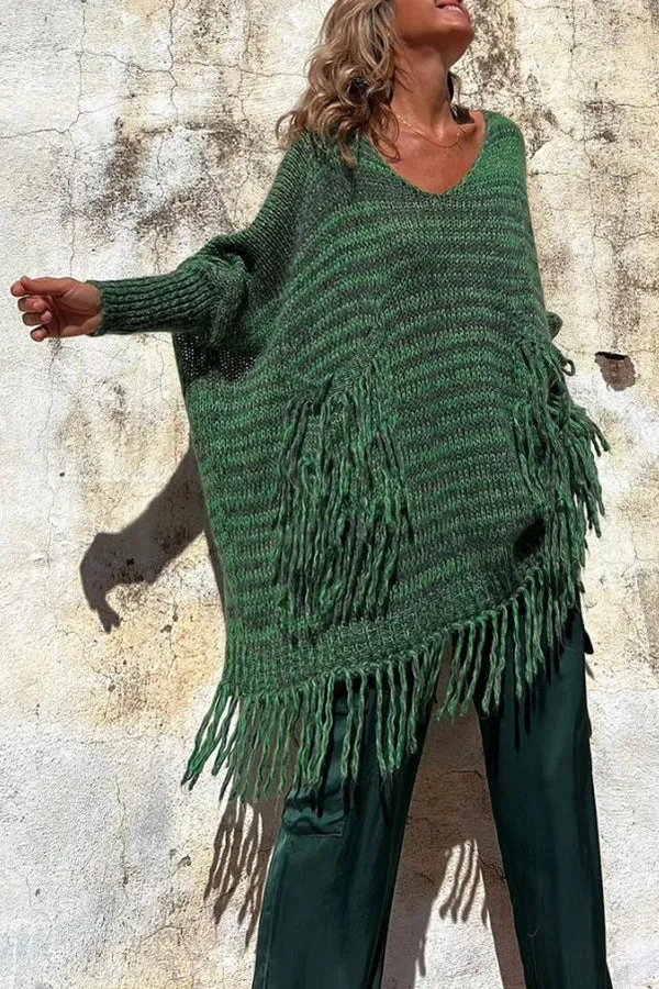 Coming with You Knit Tassel Trim Pocketed Loose Sweater-1