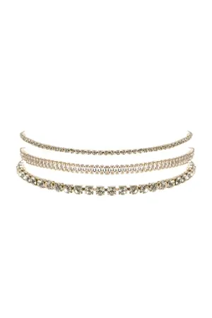 CUBIC ZIRCONIA & RHINESTONE BAGUETTE 3 LAYER CHOKER SET NECKLACE