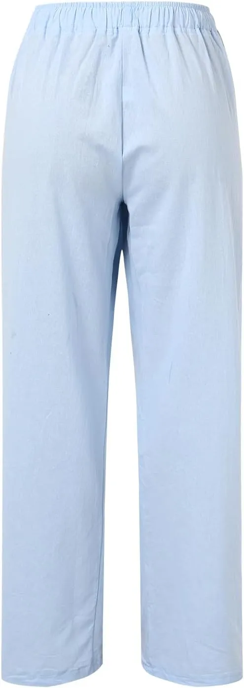 Cute Summer Pants For Women 2024 High Waist Business Pants Linen Wide Leg Sweatpants Palazzo Trouser with Pocket