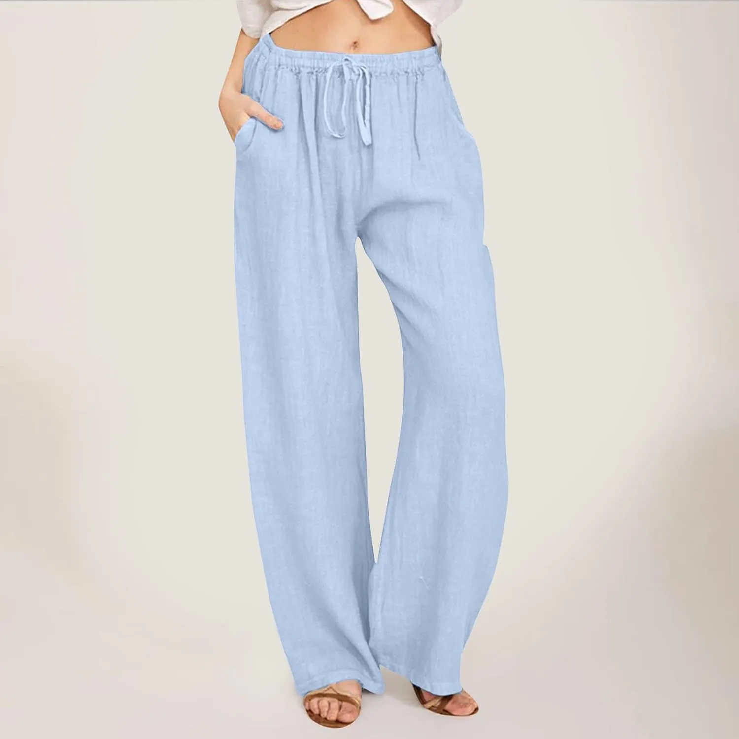 Cute Summer Pants For Women 2024 High Waist Business Pants Linen Wide Leg Sweatpants Palazzo Trouser with Pocket