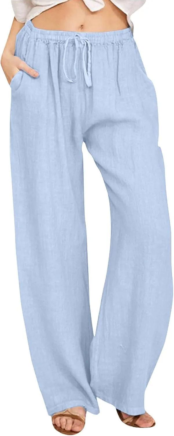 Cute Summer Pants For Women 2024 High Waist Business Pants Linen Wide Leg Sweatpants Palazzo Trouser with Pocket