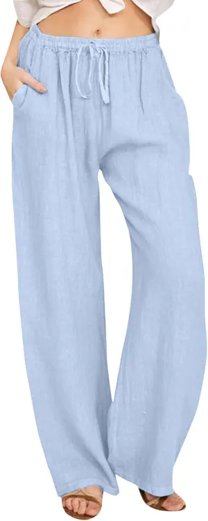 Cute Summer Pants For Women 2024 High Waist Business Pants Linen Wide Leg Sweatpants Palazzo Trouser with Pocket