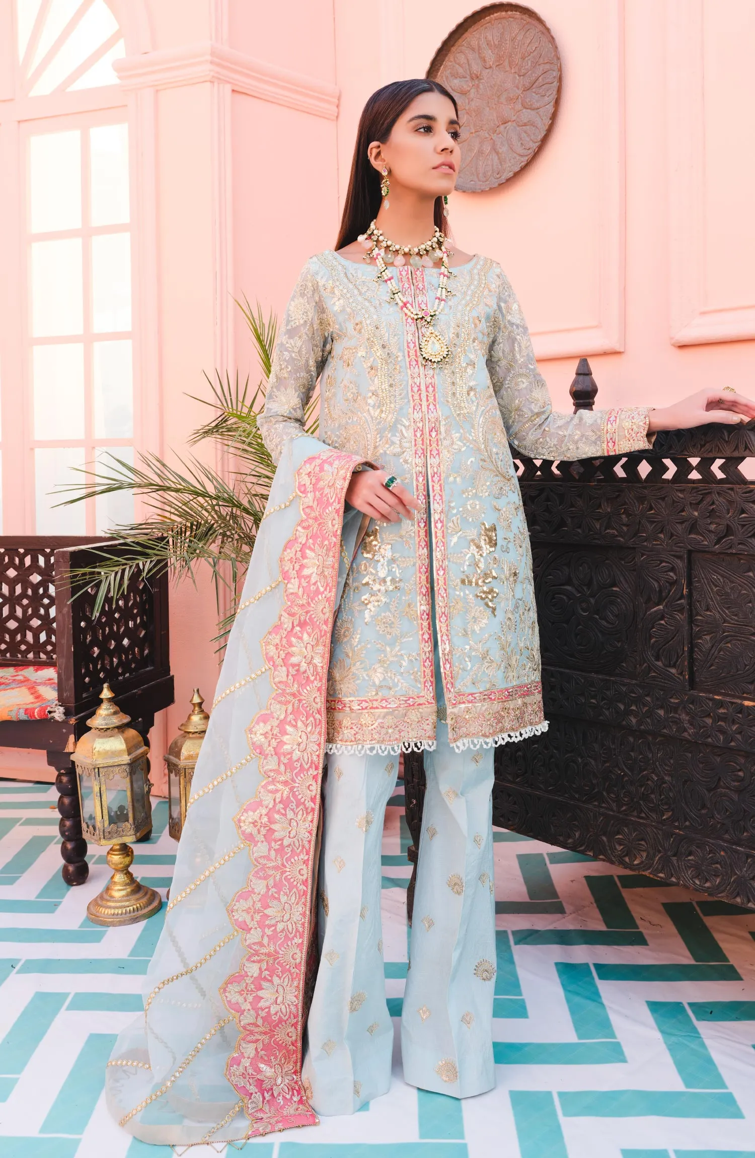 Elegant Fancy Pakistani Dress in Sky Blue Shade #PF392