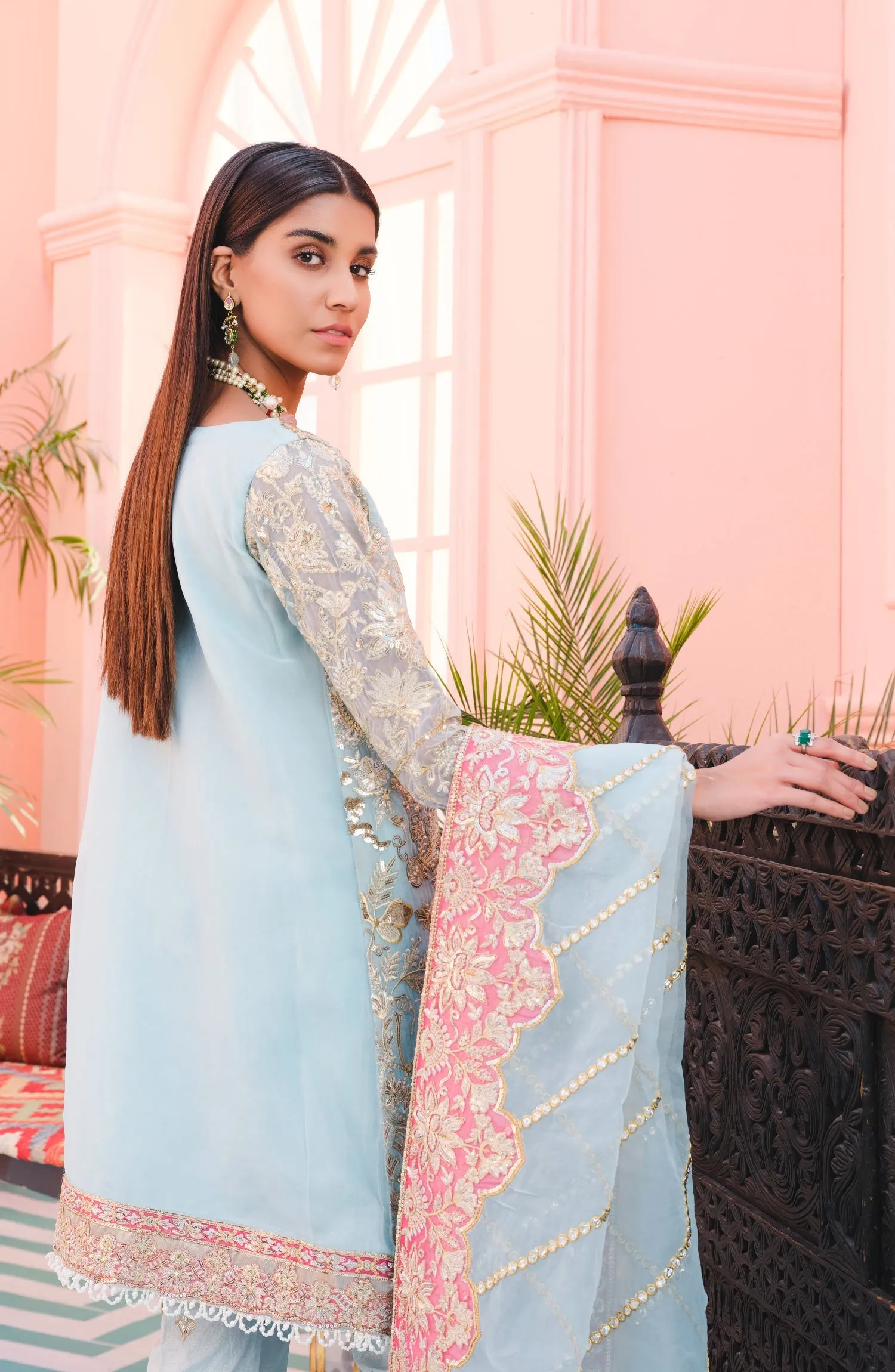 Elegant Fancy Pakistani Dress in Sky Blue Shade #PF392