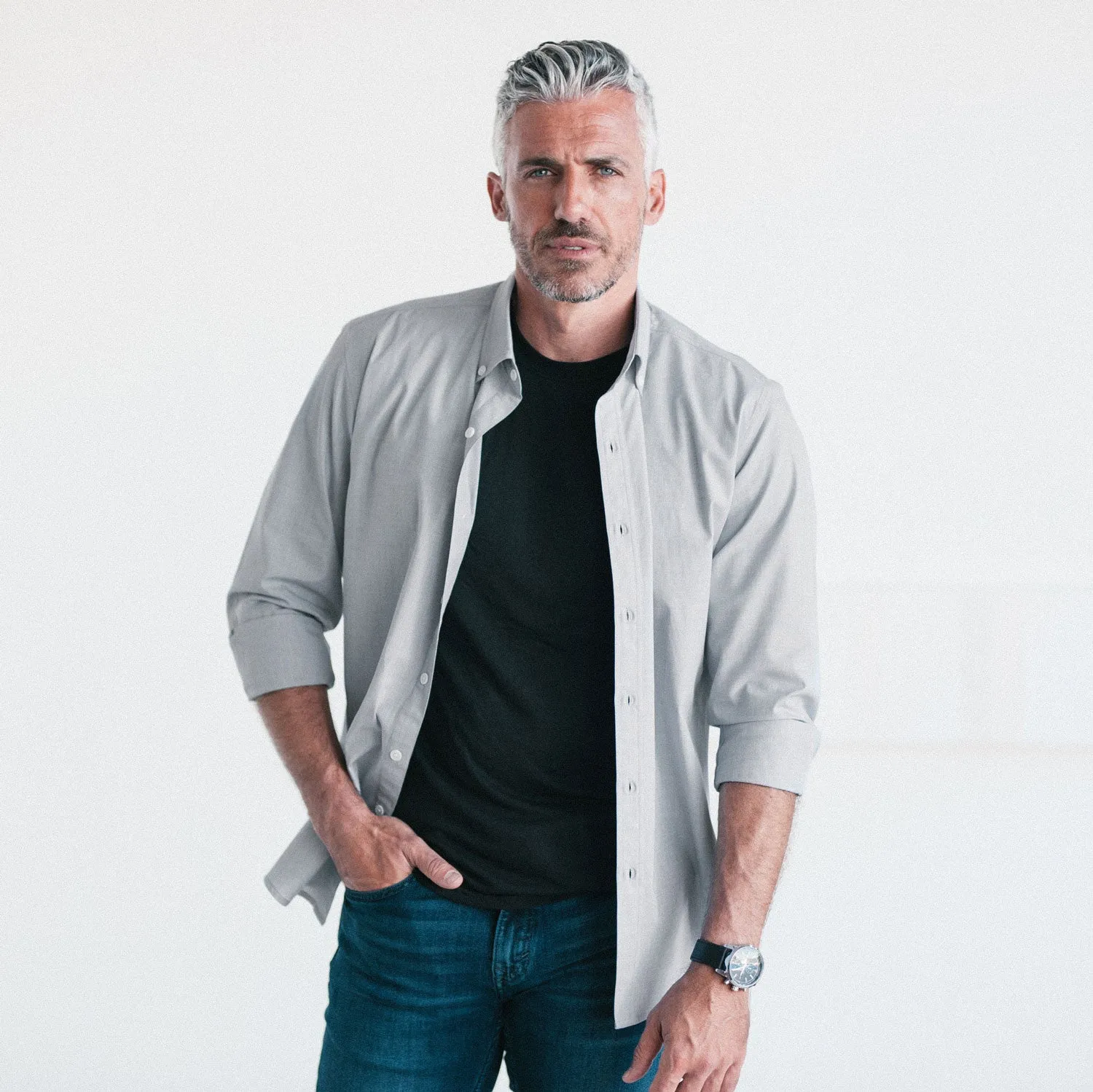 Essential Button Down Collar Casual Shirt - Aluminum Gray Cotton End-on-end