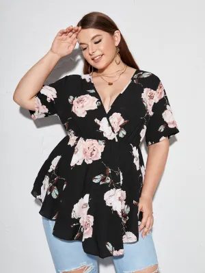 Floral Wrap Short Sleeve Deep V Neck Long Plus Size Blouse