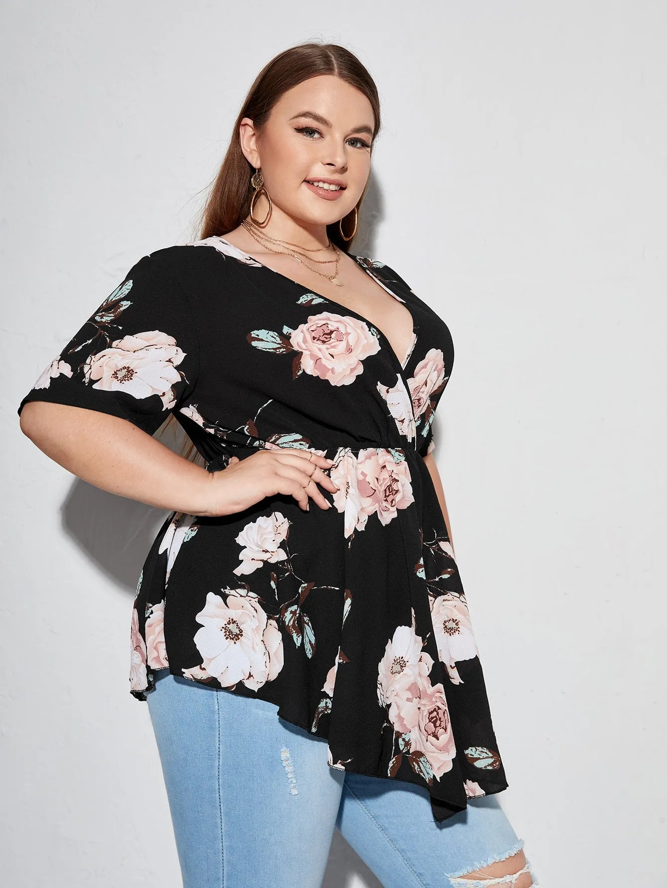 Floral Wrap Short Sleeve Deep V Neck Long Plus Size Blouse