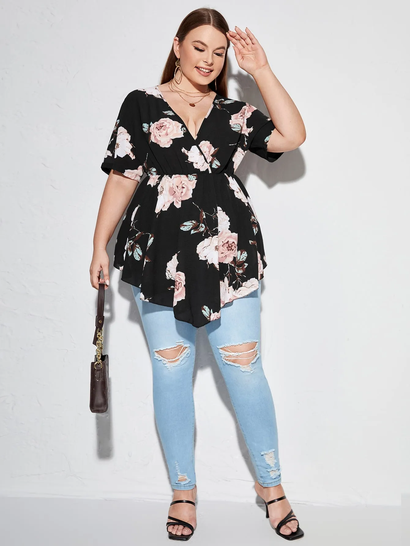 Floral Wrap Short Sleeve Deep V Neck Long Plus Size Blouse