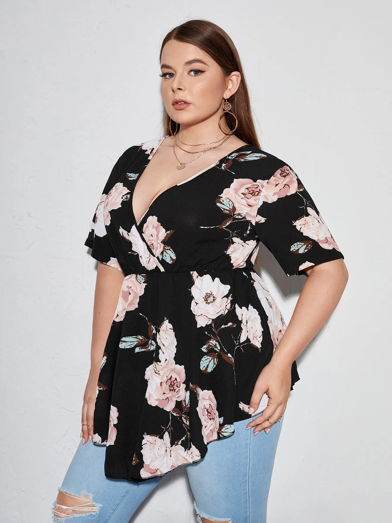 Floral Wrap Short Sleeve Deep V Neck Long Plus Size Blouse
