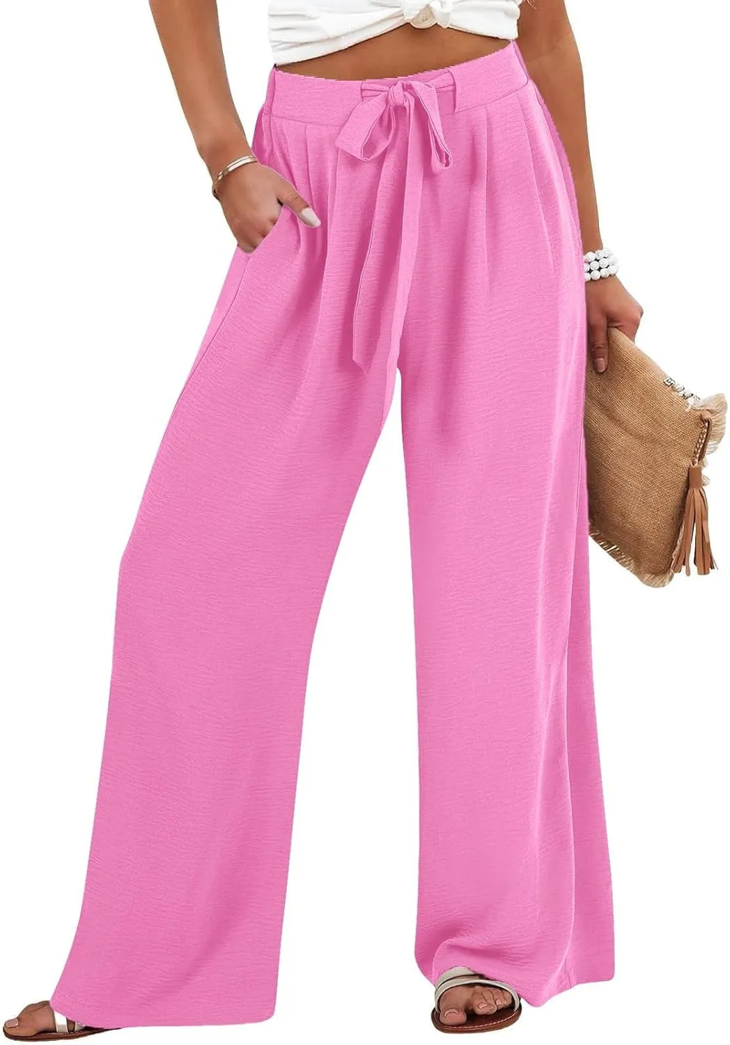 GIERIDUC Linen Palazzo Pants for Women Casual Loose Beach Straight Wide Leg Flowy Trousers High Waisted Tie Knot Lounge Pant