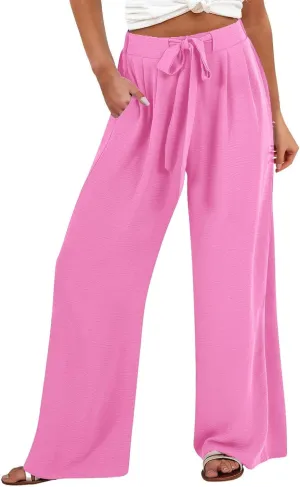GIERIDUC Linen Palazzo Pants for Women Casual Loose Beach Straight Wide Leg Flowy Trousers High Waisted Tie Knot Lounge Pant