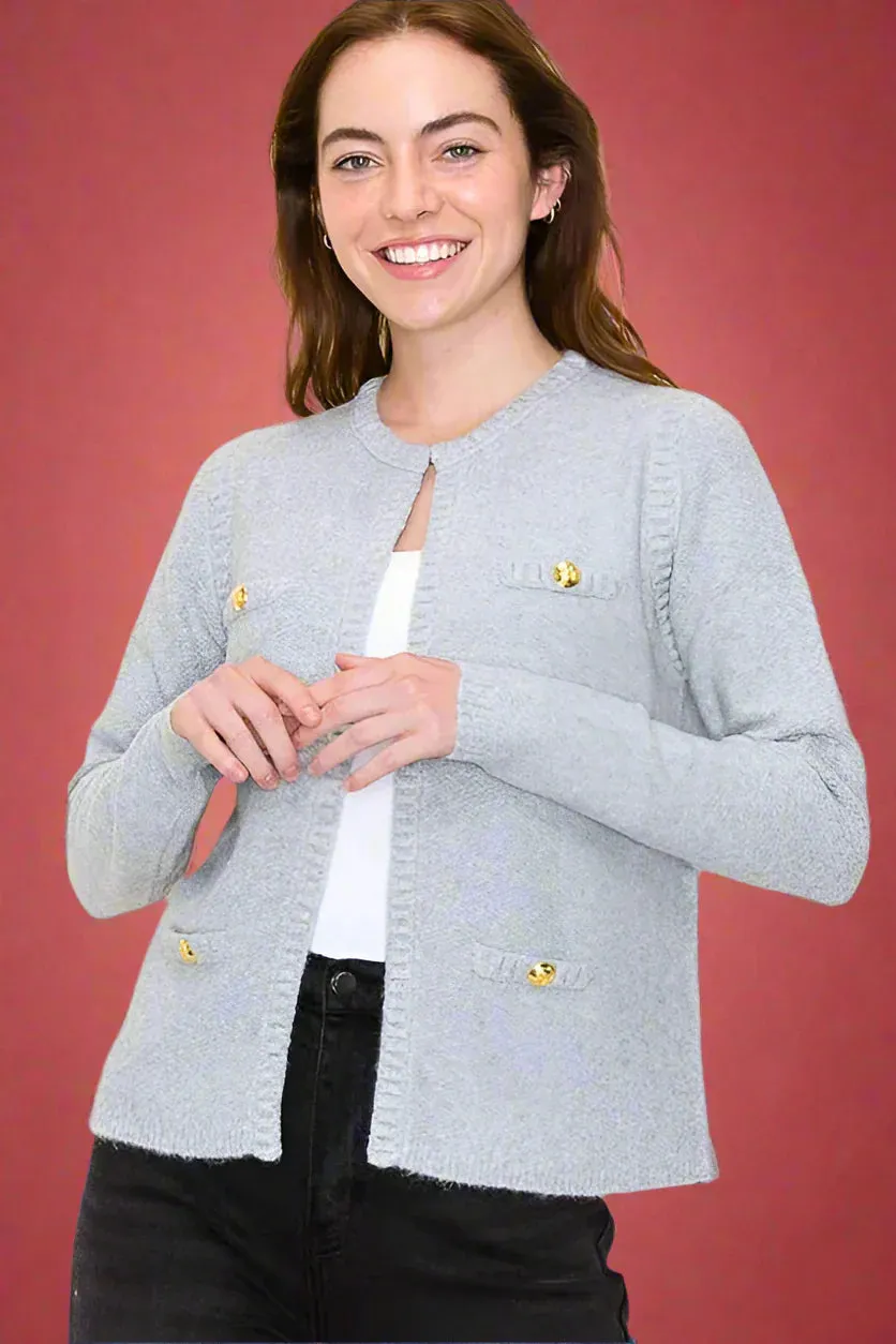 Gold Button Sweater Jacket - Grey