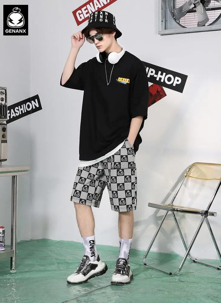 Gray Cartoon Print Checkerboard Jeans