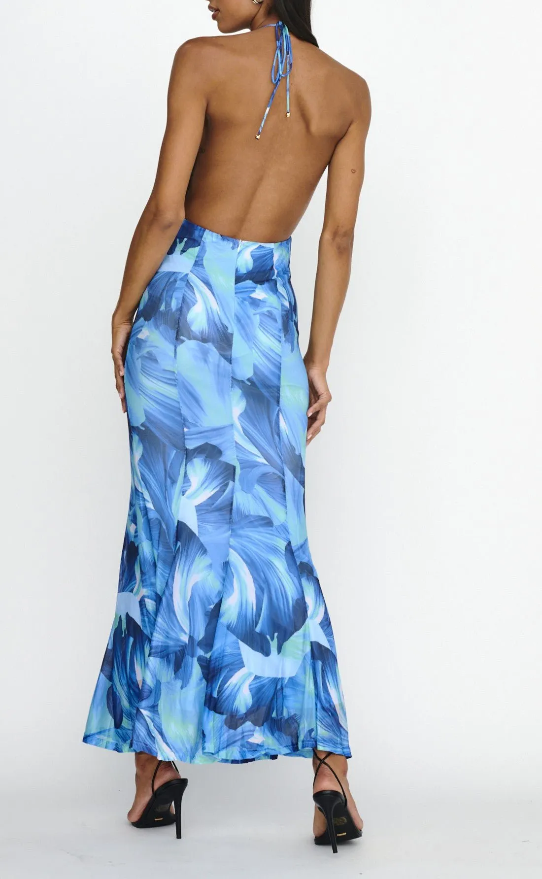 Halterneck Lace Detail V Neck Front Maxi Dress