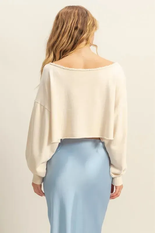 HYFVE Frayed Detail Boat Neck Long Sleeve Crop Top