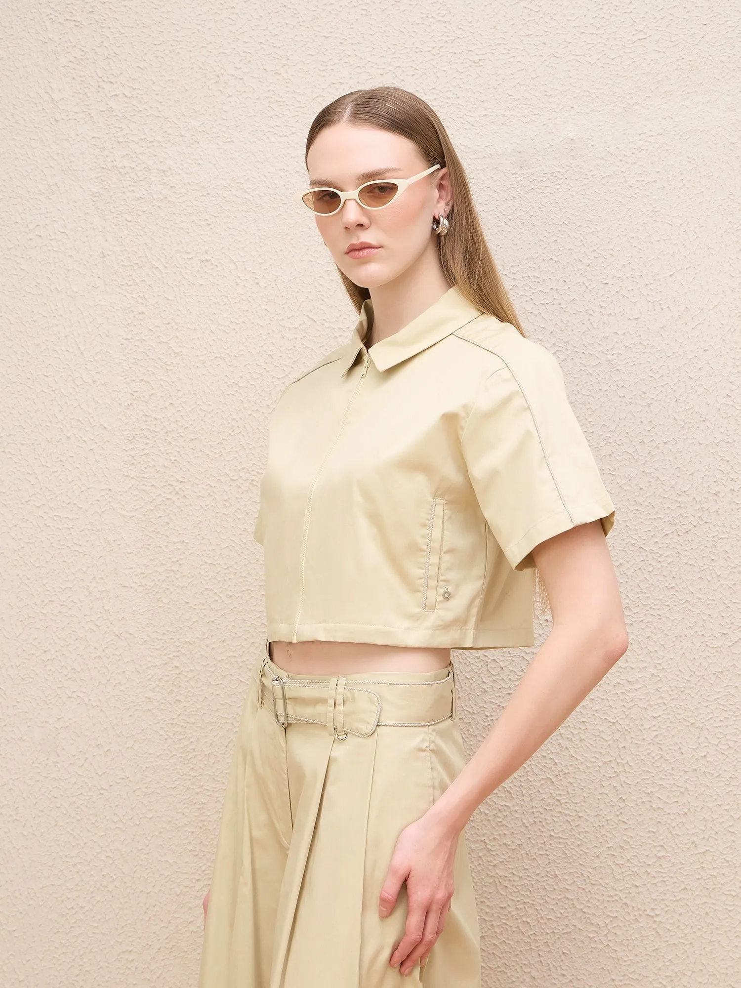 Iconic Women Cream Solid Collar Shirt
