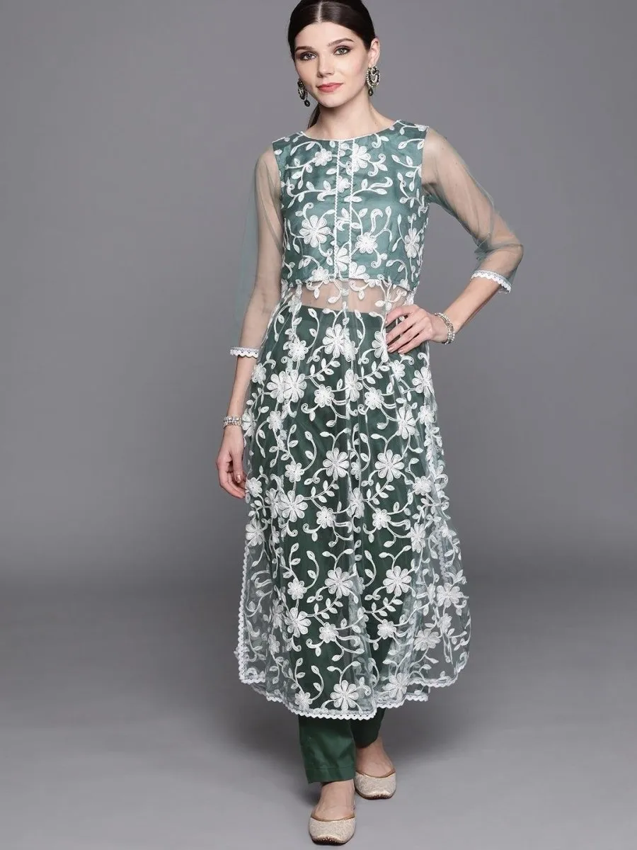 Inddus Green & White Embroidered Kurta with Trousers