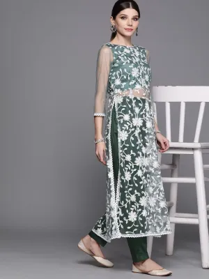 Inddus Green & White Embroidered Kurta with Trousers