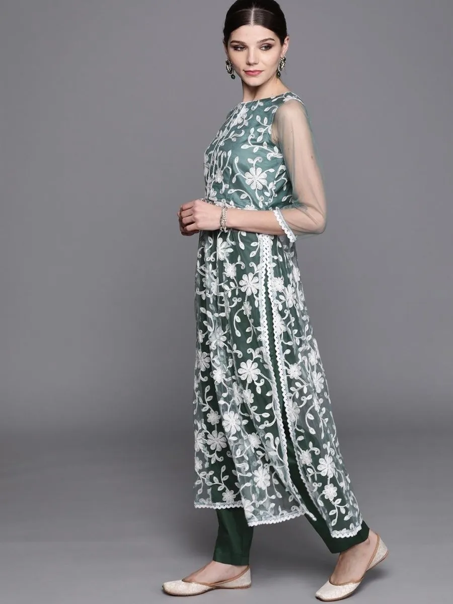 Inddus Green & White Embroidered Kurta with Trousers