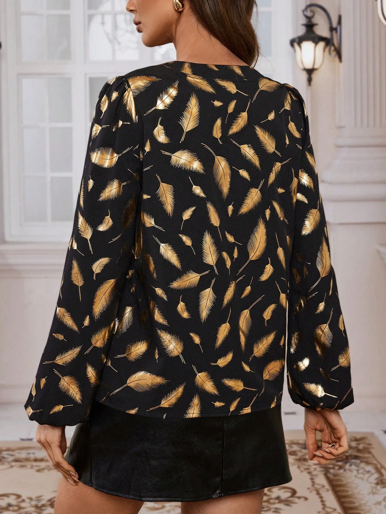 Ladies' Long Sleeve Shirt With Feather Print And Gold Foil Detail