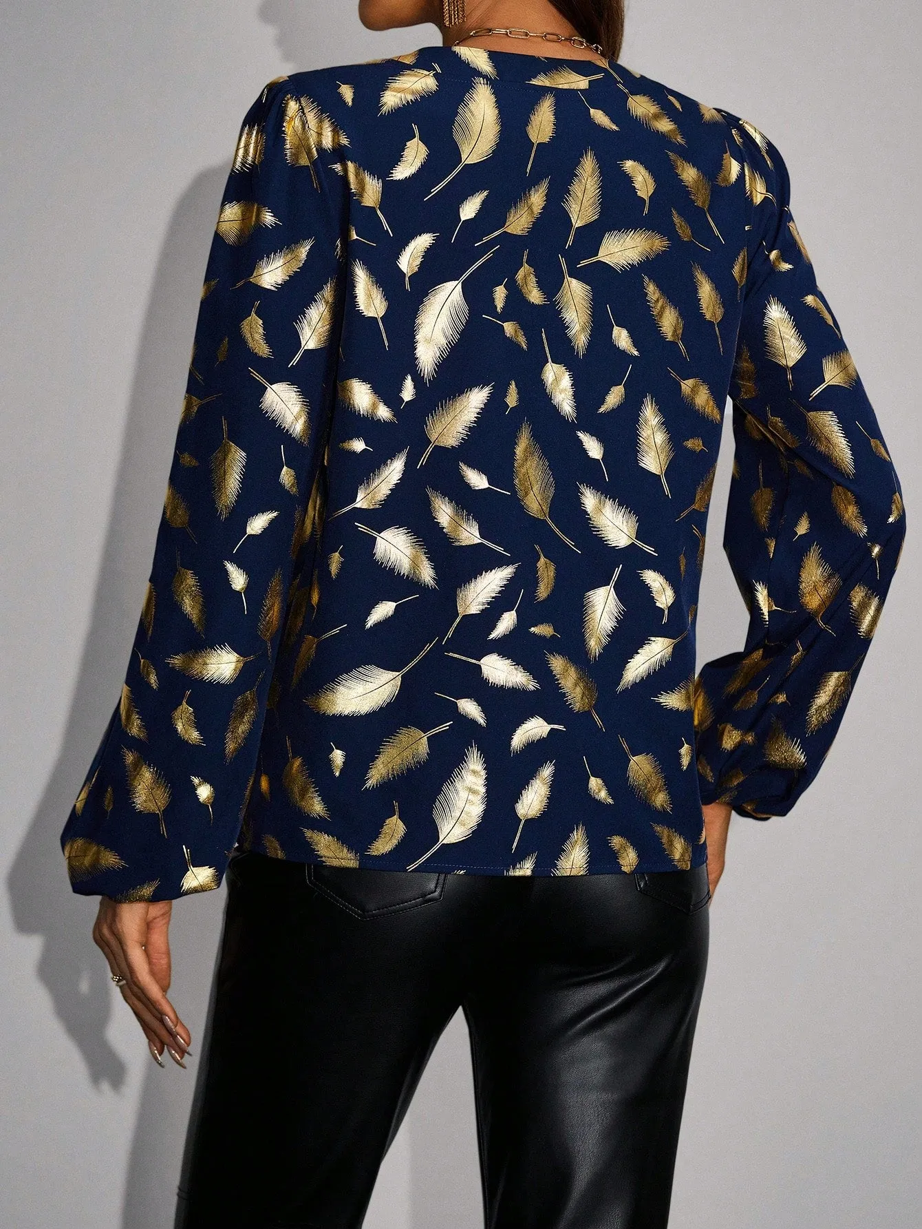 Ladies' Long Sleeve Shirt With Feather Print And Gold Foil Detail