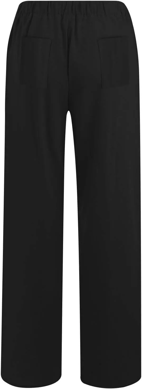 Linen Pants for Women Summer Solid Elastic Waist Wide Leg Loose Casual Vacation Beach Gauze Palazzo Pant with Pockets