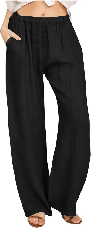 Linen Pants for Women Summer Solid Elastic Waist Wide Leg Loose Casual Vacation Beach Gauze Palazzo Pant with Pockets