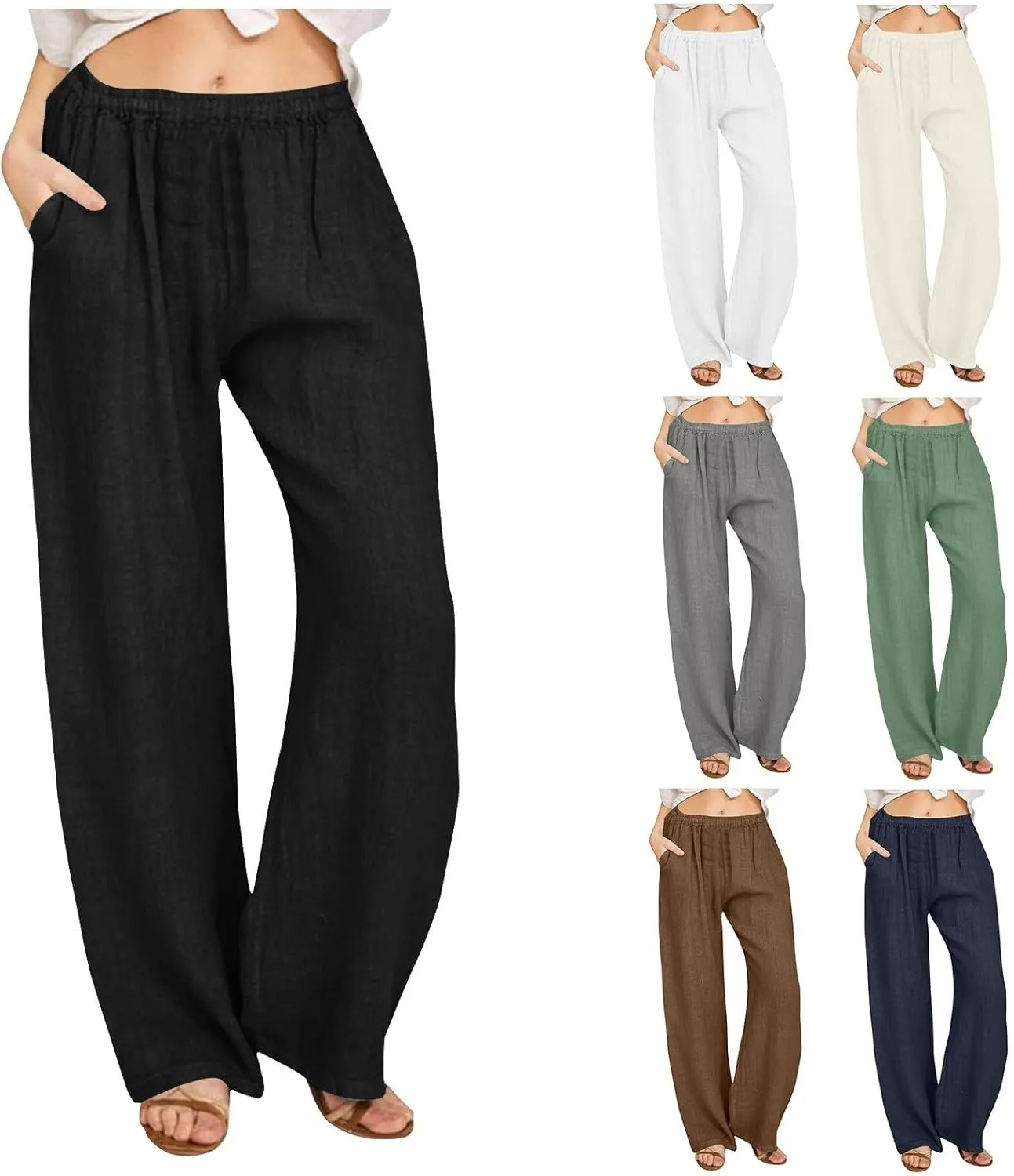 Linen Pants for Women Summer Solid Elastic Waist Wide Leg Loose Casual Vacation Beach Gauze Palazzo Pant with Pockets