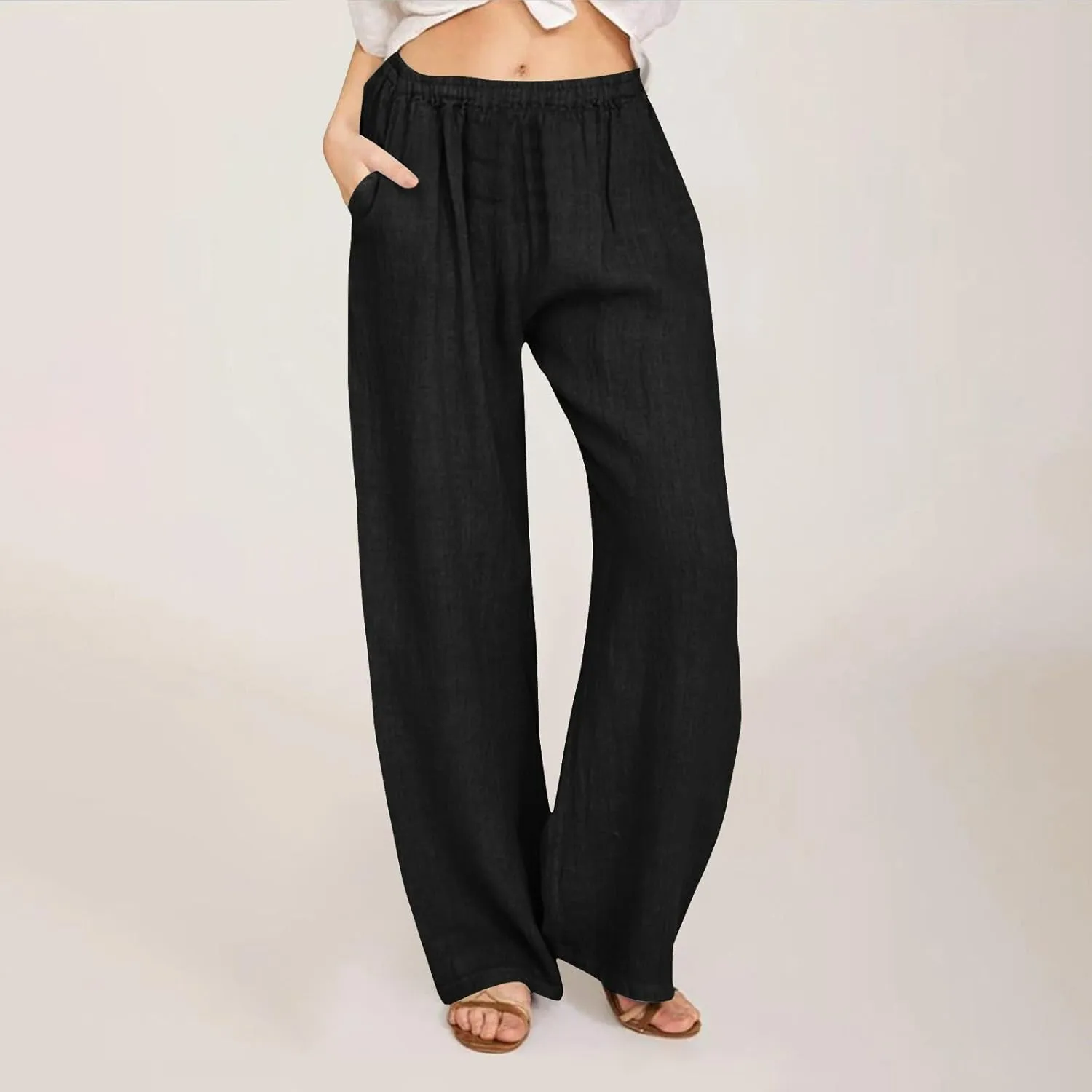Linen Pants for Women Summer Solid Elastic Waist Wide Leg Loose Casual Vacation Beach Gauze Palazzo Pant with Pockets