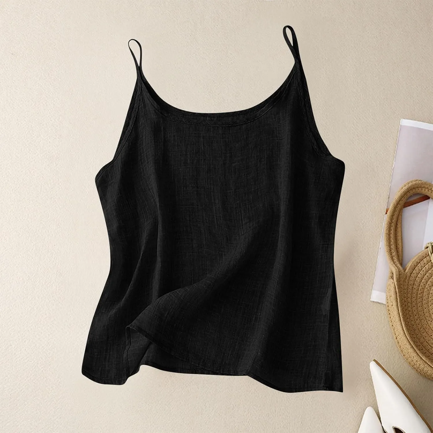 Linen Tops for Women Camisole Spaghetti Strap Tank Top Loose Casual Breathable Cotton Summer Shirts