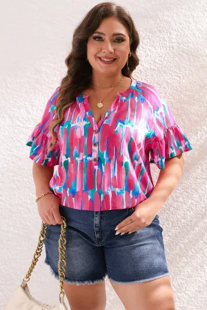 Lisa Plus Brushstroke Ruffle Sleeve Button V Neck Blouse
