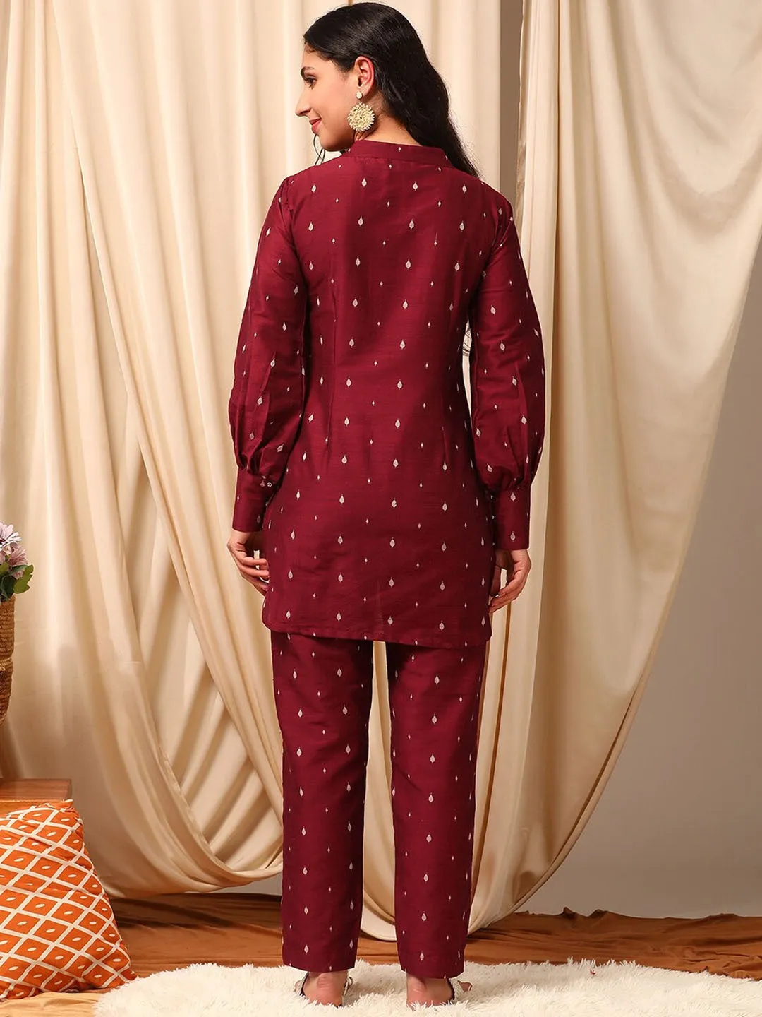 Maroon Woven Design Top With Trousers Co-Ords