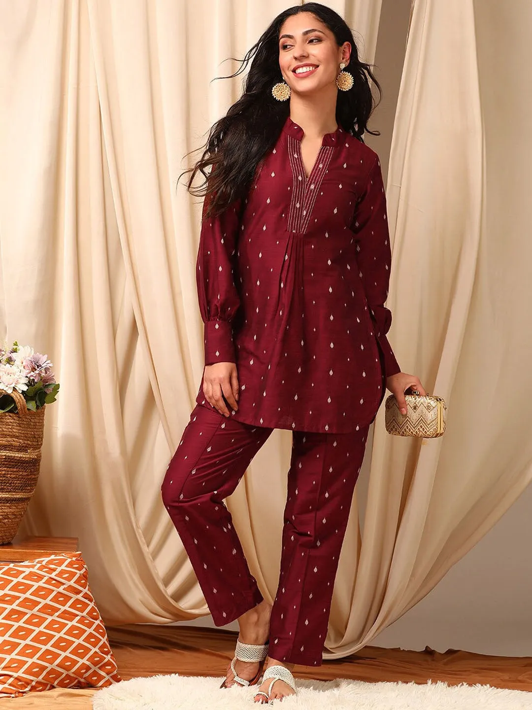 Maroon Woven Design Top With Trousers Co-Ords