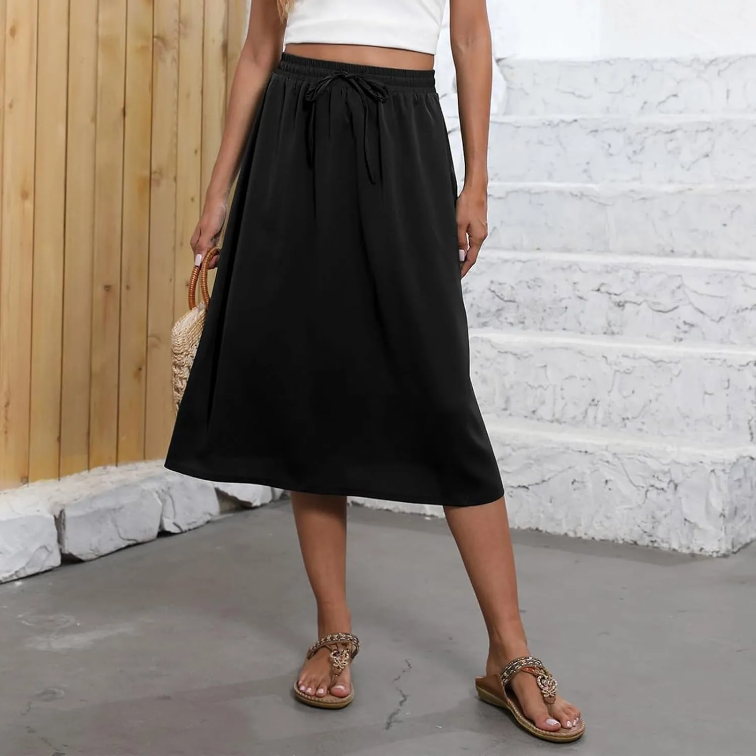 Midi Skirts for Women Trendy Summer Drawstring High Waisted Floral Boho Skirts Cute A Line Flowy Skirt with Pockets